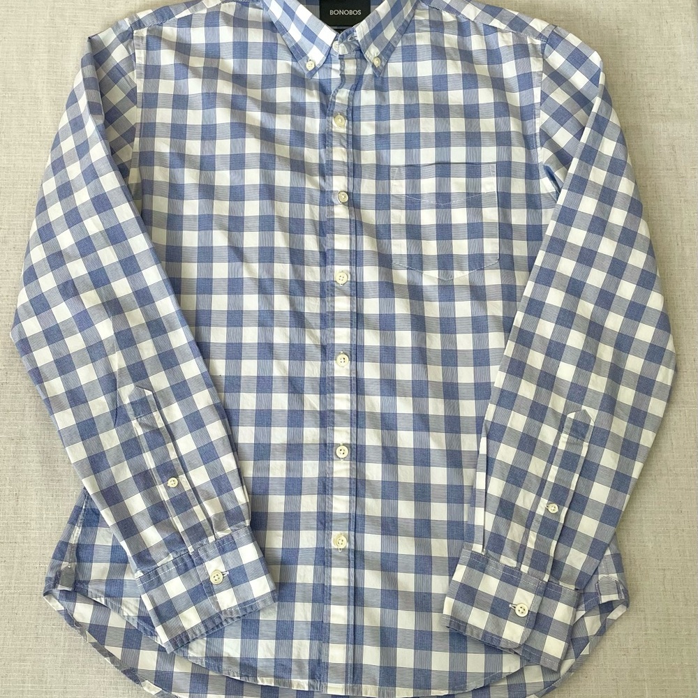 Bonobos LS Slim Fit Button Down Men's Shirt White And Blue Plaid Size M
